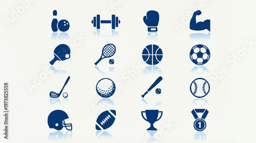 Collection of Blue Sport and Fitness Icons with Reflections