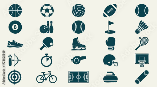 Set of diverse sport icons, vector illustrations of various sports equipment