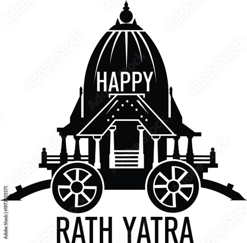 Black silhouette of traditional Indian chariot with dome roof and wheels and happy rath yatra text