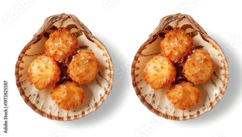Tasty scallops in shells on white background, viewed from above and the side.