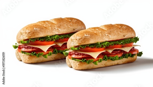 Two tasty ciabatta sandwiches on a white background.