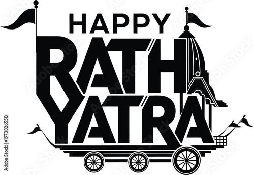 Happy Rath Yatra festival celebration graphic with traditional Indian chariot and temple illustration