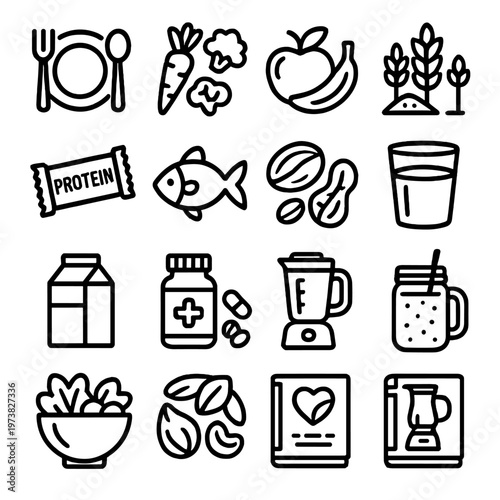 Healthy food and drink icons representing nutrition and wellness lifestyle choices