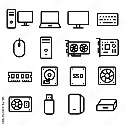 Collection of computer hardware icons in a clean, modern outline style