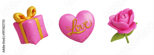 Love 3d icon set. Gift box rose and heart with gold inscription love.