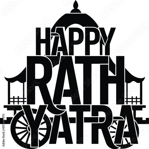 Happy Rath Yatra festival celebration Hindu religious event text with traditional Indian temple and chariot wheel  cultural symbol