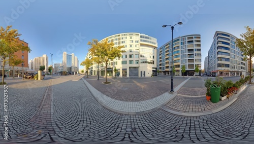 360-degree HDRI panorama of a square in a residential area featuring tall buildings and urban development in equirectangular format for AR and VR.