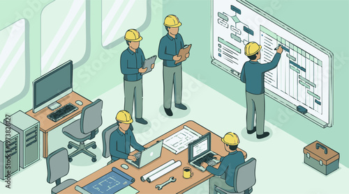 Engineering team collaborating on construction project plans and schedules