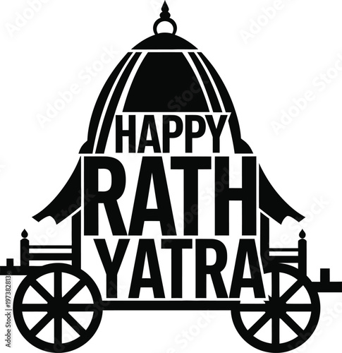 Happy Rath Yatra festival celebration icon with chariot and text on white background
