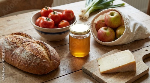 Fresh food arrangement on wooden table includes bread cheese apples tomatoes and honey
