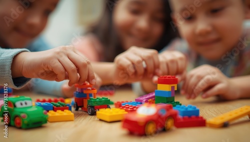 Children's hands play with colorful Lego blocks, building cars and structures. The photo has a shallow depth of field.