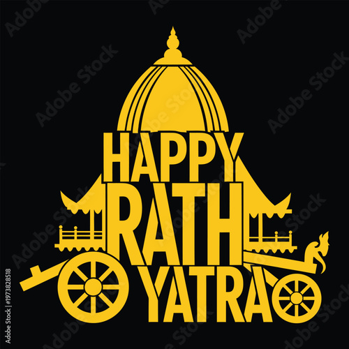 Happy Rath Yatra festival celebration with traditional Indian chariot and temple illustration in gold