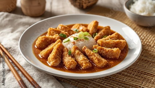 Chicken Katsu Curry is a Japanese dish featuring crispy breaded chicken in curry sauce.
