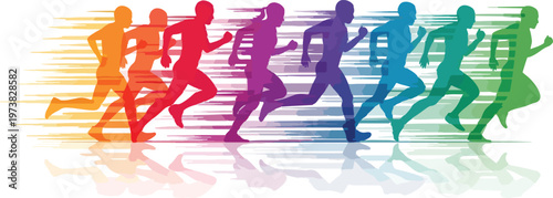 Dynamic running silhouettes in rainbow colors, group of marathon runners with motion blur effect, colorful athletic sprinters vector illustration