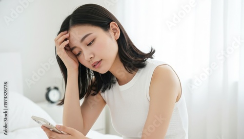 5月病の不安で眠れない女性 夜中にスマホを見ながら頭を抱える
