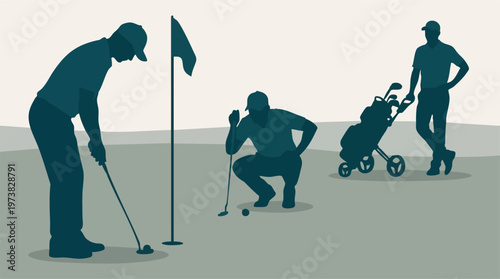 Silhouette illustration of golfers playing on a putting green with clubs
