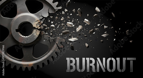 Metal gear breaking apart with shards flying symbolizing burnout and mechanical failure on dark background its illustration only