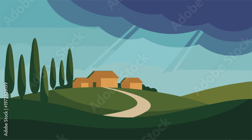 Rural landscape with houses, green hills, cypress trees, and light rays