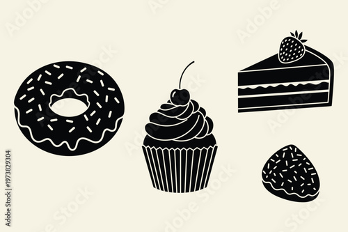 Solid Black Bakery Treats Silhouette - Modern Cafe and Patisserie Menu Illustration