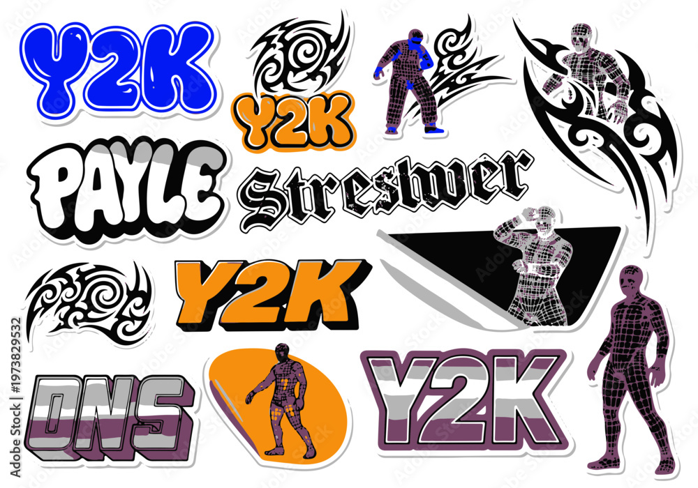 Fototapeta premium Y2k Graphic Design Elements Collection Featuring Streetwear Figures Tribal Tattoos and Various Text Styles