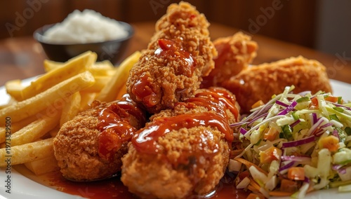 Close-up of delicious breaded chicken, French fries, cabbage salad, and spicy sauce on a plate.