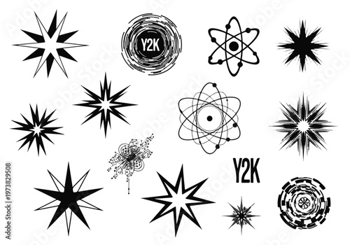 Y2k Aesthetic Graphic Elements Including Atom Symbols Stars and Abstract Designs for Nostalgic Streetwear Fashion