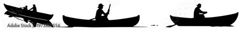 Rowing boat set with black silhouette on white background featuring boat, rowing, silhouette with black and white art and nature