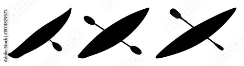 Kayak set with black silhouette on white background featuring single human powered watercraft, canoeing, recreational activity with adventure and sports
