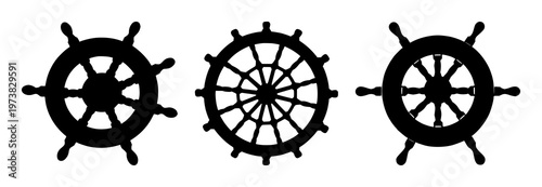 Ship wheel set with a black silhouette design featuring a nautical helm, steering wheel, and maritime decor with ocean and sea adventure elements
