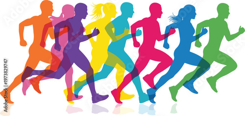 Colorful running silhouettes in motion, vibrant marathon runners group vector, dynamic athletic people sprinting, multi-color jogging figures