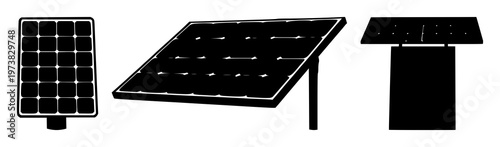 Solar panel set with black silhouettes and clean lines featuring renewable energy, sustainable technology, electrical power with ecological generation and modern design