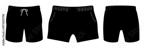 Swimming trunks icon set with solid black icon on white background featuring icon, swimming trunks, beachwear with black and white