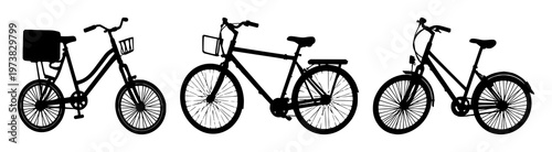 Bicycle rental set with solid black icon design featuring bike, cycling, transportation with rent and journey