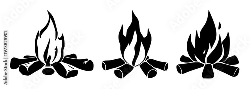 Campfire icon set with solid black flame shape on white background featuring black line, single color, simple illustration with minimal design and outline