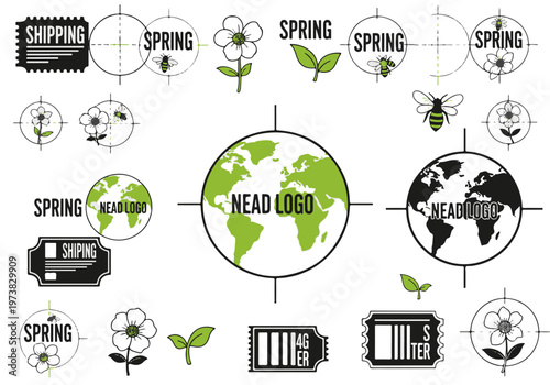 Graphic Collection of Spring Themed Elements Shipping Labels Globe Logos and Tickets for Modern Streetwear