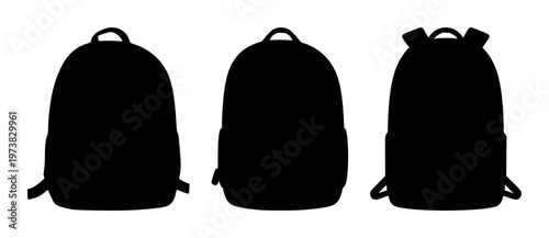 Backpack set with solid black icon on stark white background featuring travel, luggage, carry with graphic and illustration