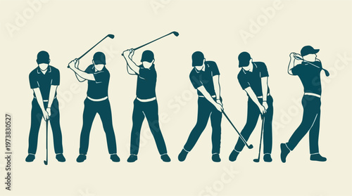 Golfer performing a full swing sequence, isolated vector illustration of motion