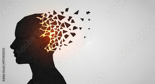 Silhouette of a person's head with shattered pieces flying out representing mental breakdown or stress its illustration only