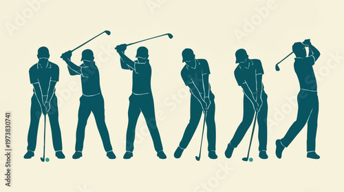 Golf player swing sequence silhouette illustration, stages of athlete motion