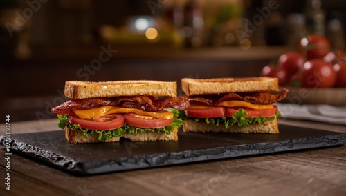 A slate board on the table holds two BLT sandwiches with bacon, fresh greens, and tomatoes.