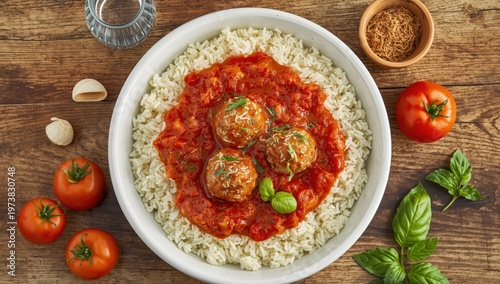 Delicious meatballs with sauce, rice, and ingredients on a wooden surface, top view. Area for text.