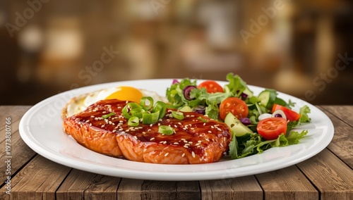 teriyaki salmon steak with fried egg and salad - nutritious cuisine