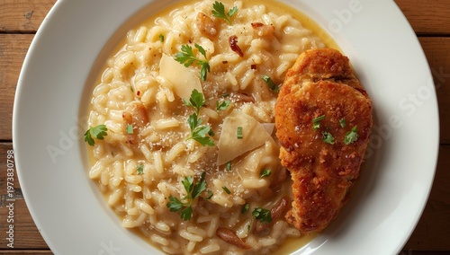 Close-up of creamy rice made with white wine, broth, parmesan, and garlic alongside fried chicken on a plate. Horizontal overhead view.