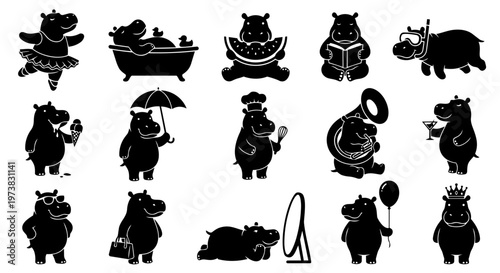Collection of cute black hippo silhouettes engaged in various fun activities and hobbies, perfect for playful designs and character illustrations.