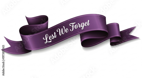 A purple ribbon with the phrase Lest We Forget written in white, symbolizing remembrance and awareness.