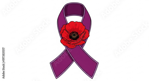 A purple awareness ribbon with a red poppy flower symbolizing support and solidarity for a cause
