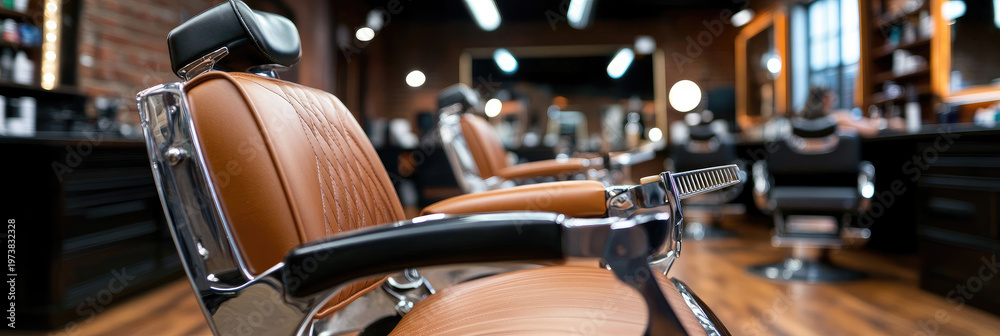 Fototapeta premium Sleek black barber chair in a modern hair salon with organized counter of hair care bottles, mirror reflection and minimalist, upscale interior ready for clients