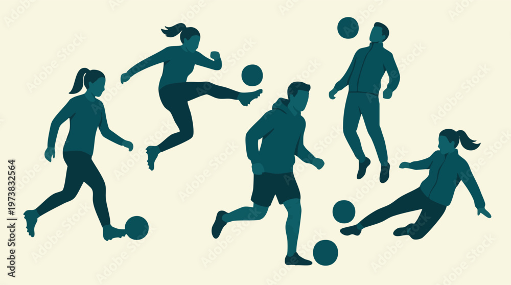 Fototapeta premium Minimalist illustration of diverse people playing soccer in dynamic poses