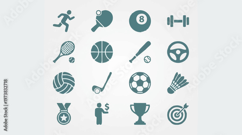 Set of diverse sports and leisure activity icons in flat design style