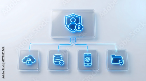 cyber security concept with 3d digital data protection icons featuring neon blue shield cloud storage database fingerprint biometric mobile phone and secure file folder system